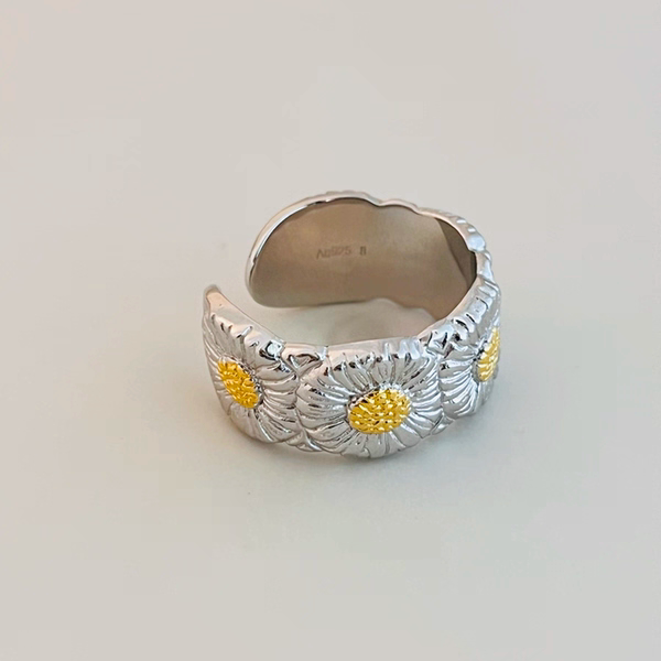 Designer high-end S925 all-over sterling silver daisy ring retro fashion heavy industry geometric mesh open ring