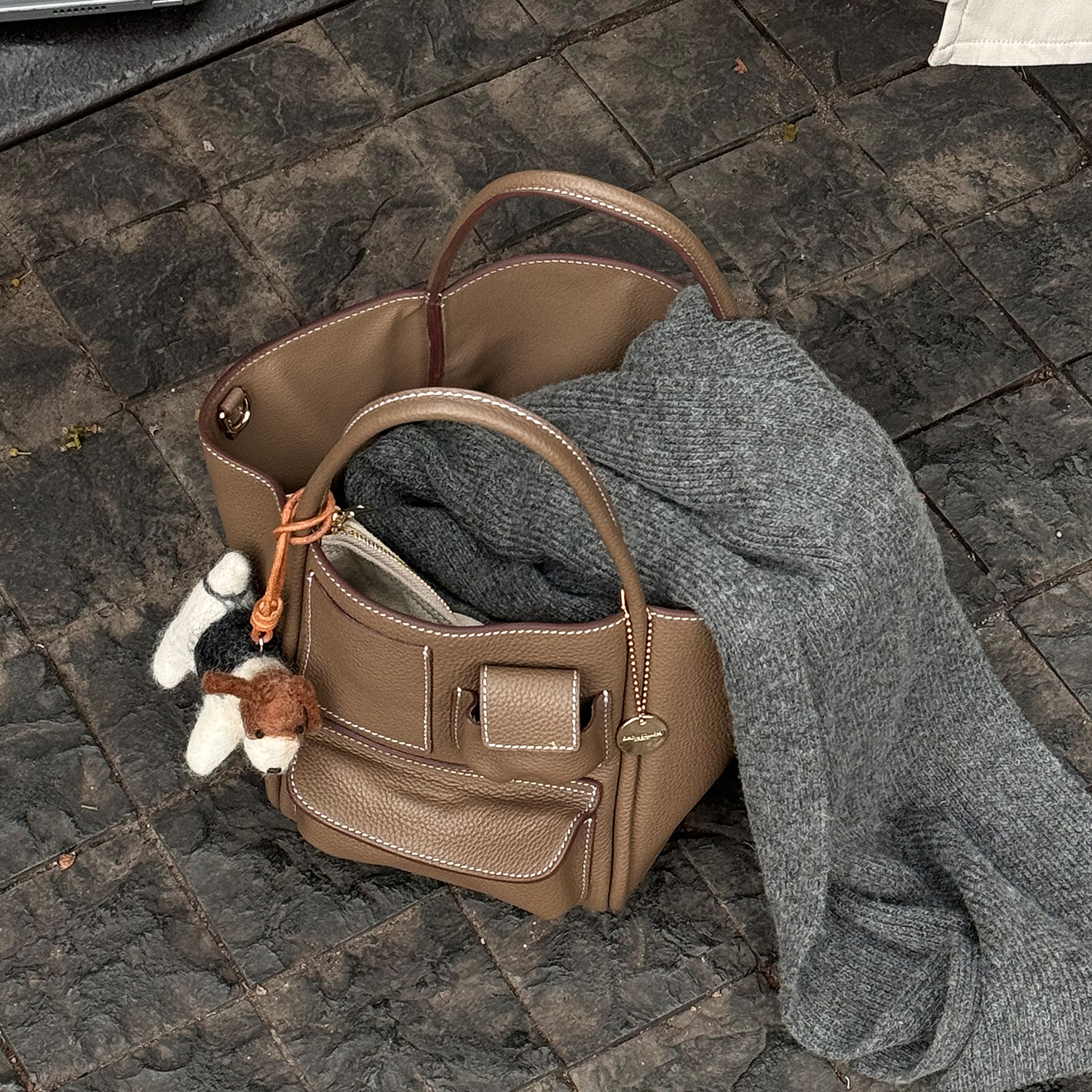 小众设计多口袋头层牛皮荔枝纹菜篮子包手提包复古通勤简约水桶包,淘宝优惠券,粉丝福利购,淘宝优惠卷