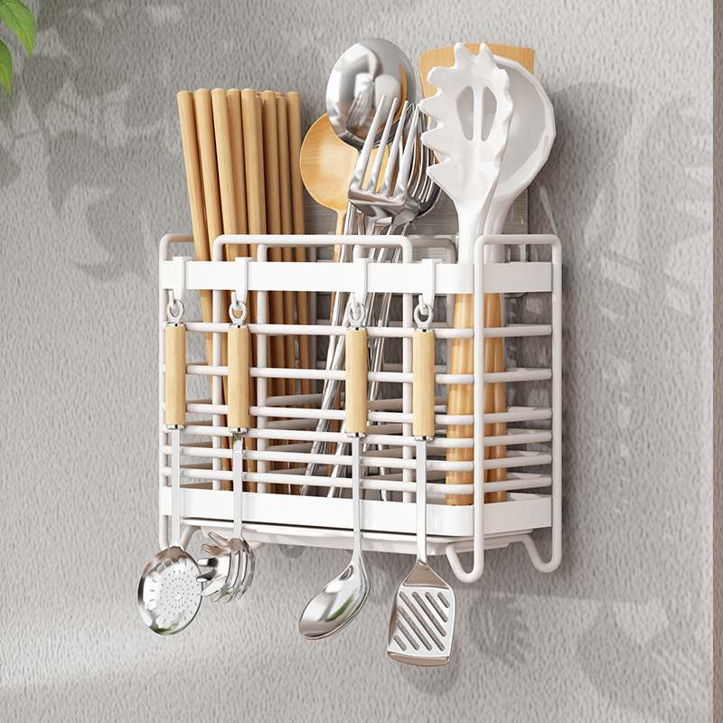 筷子收纳盒厨房置物架免安装一体壁挂式家用筷筒筷笼餐具勺沥水架