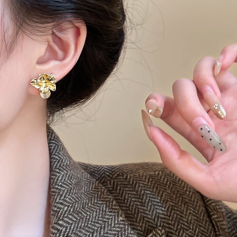 法式金属猫眼石花朵耳环女款轻奢复古精致耳钉小众设计感气质耳饰