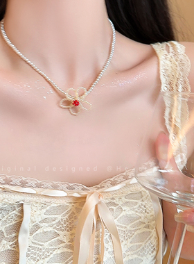 紫色花朵小珍珠串珠项链女款甜美可爱锁骨链夏日配裙子脖颈链配饰