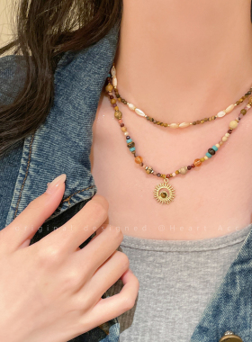 太阳花虎眼石贝母串珠项链女款小众高级感显白锁骨链复古新款颈链