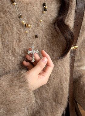 虎眼石珍珠双层叠戴西太后项链女秋冬美拉德高级感气质毛衣链配饰