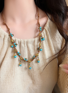 绿松石爱心蝴蝶吊坠编绳项链女波西米亚民族风配饰复古度假锁骨链