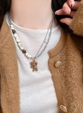 陶瓷串珠小熊拼接项链女个性时尚小众百搭毛衣链2025新款爆款配饰