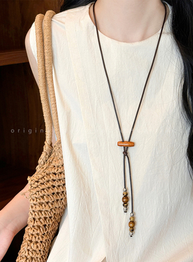 复古木质串珠吊坠项链女小众设计感民族风配饰时尚长款百搭毛衣链
