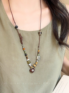 复古陶瓷串珠花朵吊坠项链女2025新款百搭锁骨链高级感毛衣链配饰