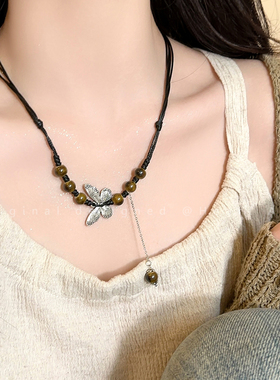民族风复古蝴蝶流苏串珠锁骨链女