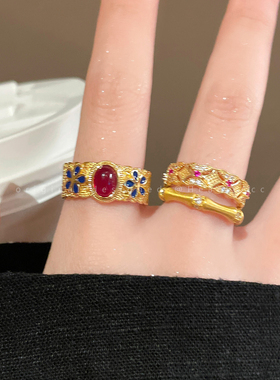 宫廷风中古金色珐琅竹节戒指女轻奢小众高级感食指戒复古叠戴指环