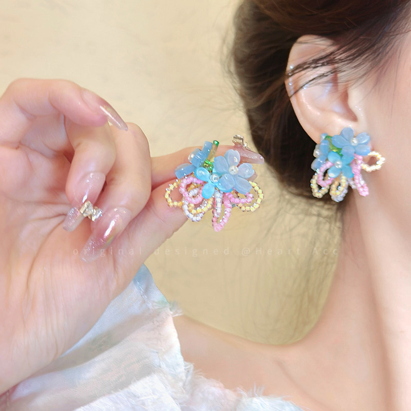度假风彩色串珠花朵耳钉女甜美多巴胺高颜值耳环超仙森系气质耳饰