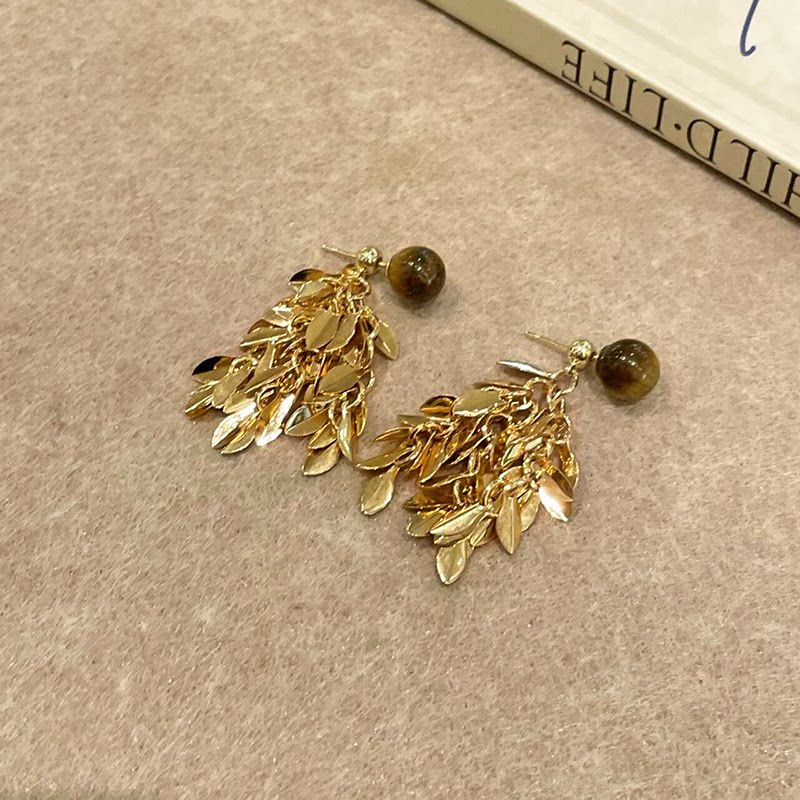 金色羽翼~美拉德风虎眼石流苏耳环女气质百搭耳钉轻奢高级感耳饰