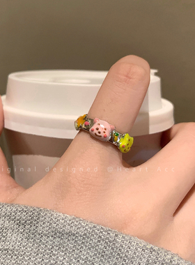 彩色滴釉开口小熊戒指女