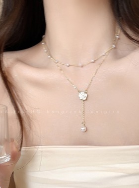 双层山茶花流苏珍珠项链女款2025新款配裙子锁骨链轻奢高级感配饰