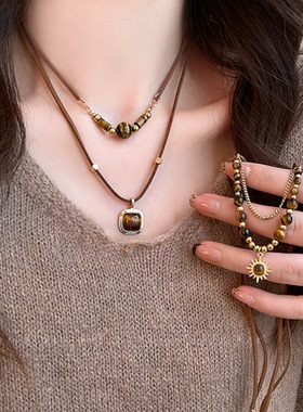 美拉德棕色太阳花虎眼石项链女2025新款双层复古配饰高级感毛衣链