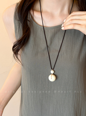 天然象牙果吊坠项链女国风禅意长款毛衣链新中式编织绳挂脖配饰品