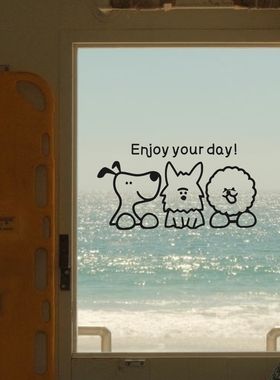 卡通可爱的三只小狗enjoy your day治愈系玻璃门镜子家居装饰贴纸