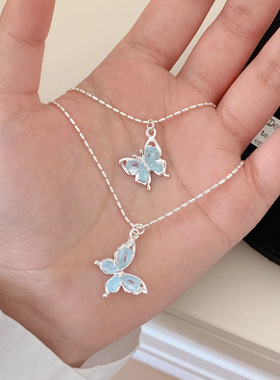 蓝色锆石蝴蝶项链女2025新款韩版甜美小众设计感锁骨链颈链配饰