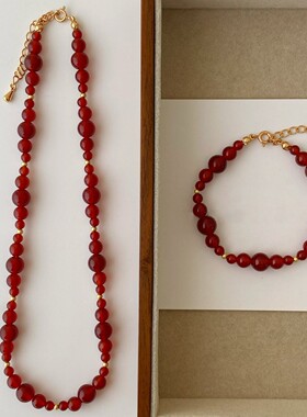 大小渐变红玛瑙项链女轻奢小众新中式时尚本命年串珠手串项链套装