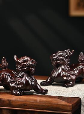 黑檀木雕貔貅摆件家居饰品木质公母一对独角双角皮丘客厅开业送礼