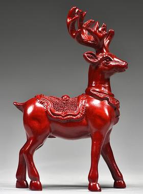 红色木雕梅花鹿摆件家居客厅实木麋鹿一对工艺品桌面摆设酒柜装饰