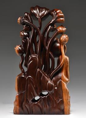 黑檀实木年年有鱼根雕摆件工艺品荷花鱼木雕动物中式家居饰品装饰