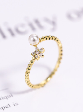 925纯银戒指女半银珍珠镶钻五角星星镀14k黄金活口开口指环首饰品