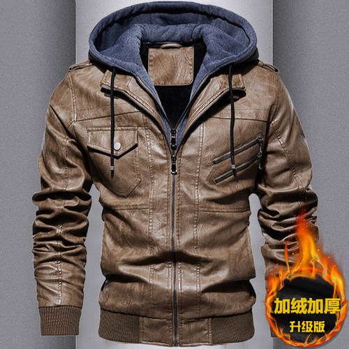 海宁男士皮衣加绒加厚带帽子皮外套骑行服机车服皮夹克男款秋冬款 - 图2