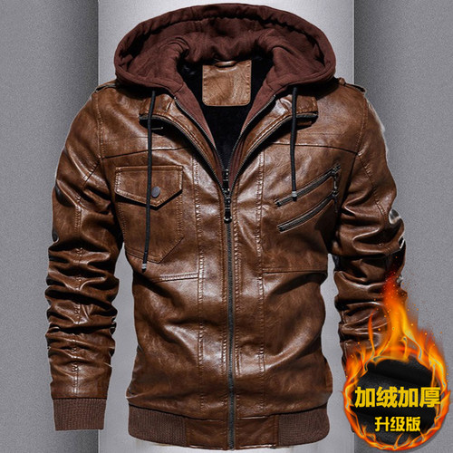 海宁男士皮衣加绒加厚带帽子皮外套骑行服机车服皮夹克男款秋冬款 - 图1