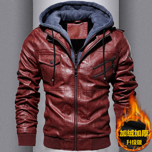 海宁男士皮衣加绒加厚带帽子皮外套骑行服机车服皮夹克男款秋冬款 - 图0
