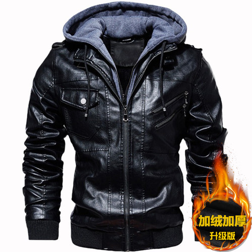 海宁男士皮衣加绒加厚带帽子皮外套骑行服机车服皮夹克男款秋冬款 - 图3
