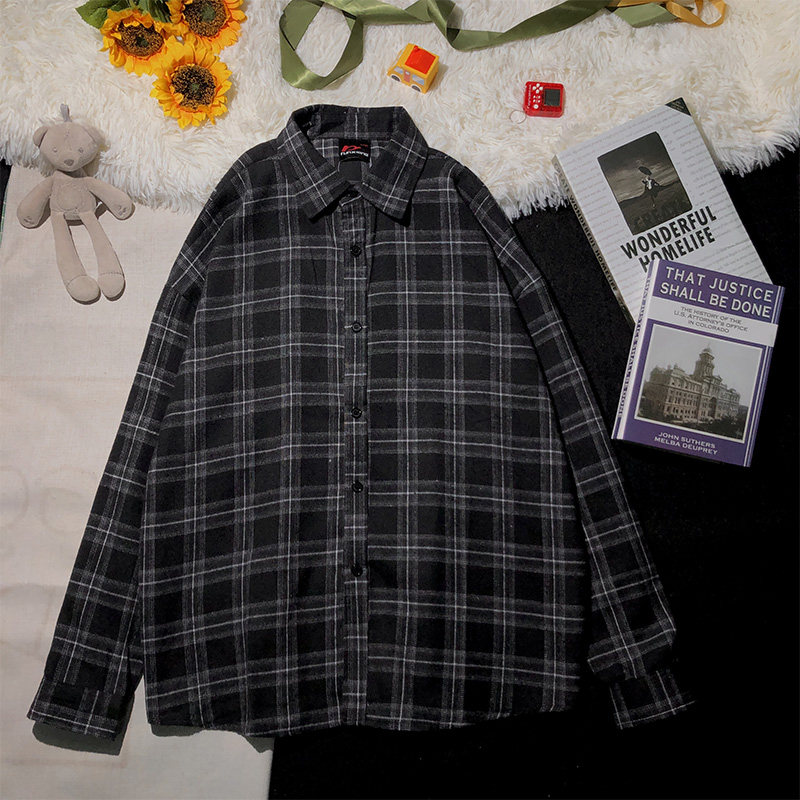 黑色格子衬衫男内搭长袖衣男士黑灰春秋复古黑格子格纹衬衣外套衫,淘宝优惠券,粉丝福利购,淘宝优惠卷