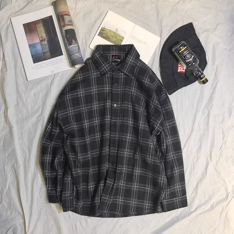 黑色格子衬衫男内搭长袖衣男士黑灰春秋复古黑格子格纹衬衣外套衫,淘宝优惠券,粉丝福利购,淘宝优惠卷