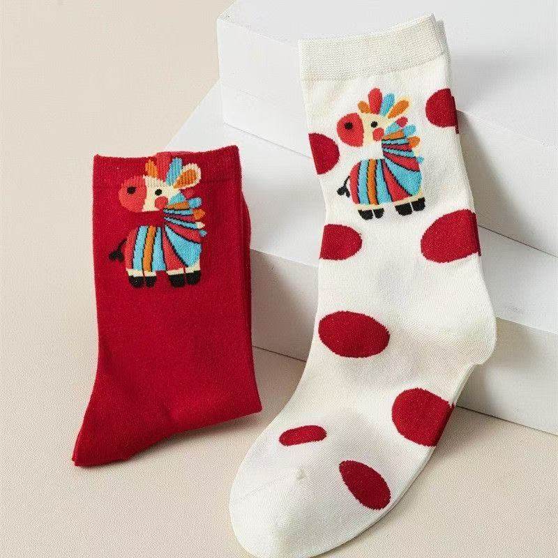 马年本命年红袜子女秋冬款中筒袜新年红色过年无骨袜ins卡通棉袜,淘宝优惠券,粉丝福利购,淘宝优惠卷