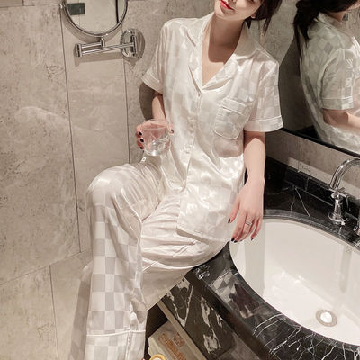 轻奢大牌丝绸睡衣女士夏季短袖长裤家居服