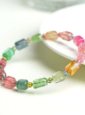 天然7A级碧玺随形石手链色标级碧彩虹玺随型石手串