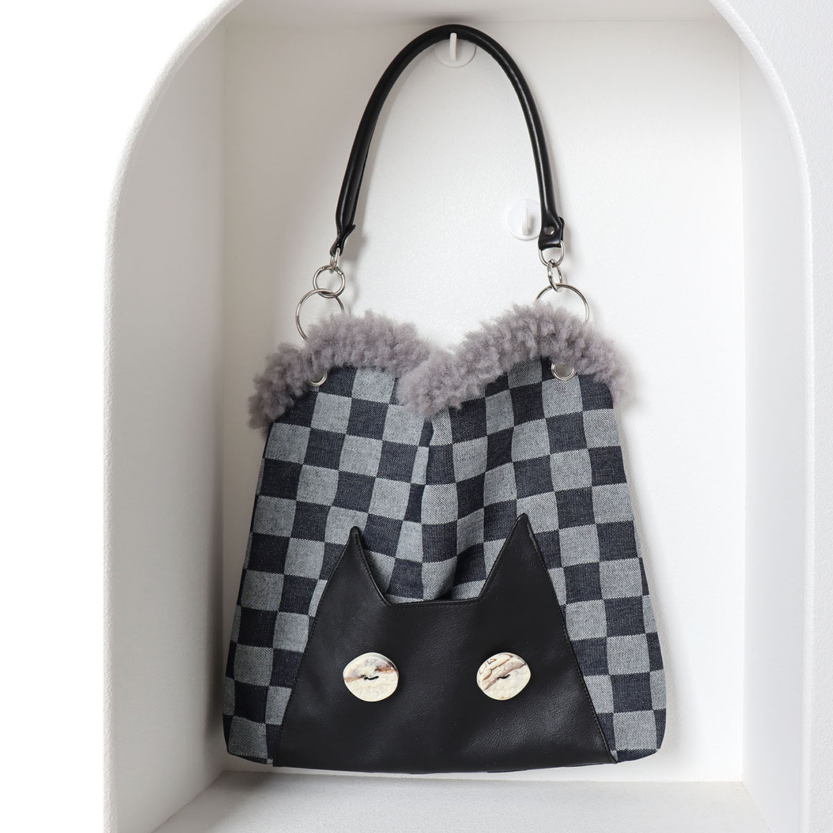 苏小塔原创 猫咪格子托特包包女可爱百搭小众大容量毛绒边单肩包,淘宝优惠券,粉丝福利购,淘宝优惠卷