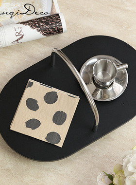 现代金属提手装饰摆件样板间书房酒店民宿诧寂风木质黑色托盘收纳