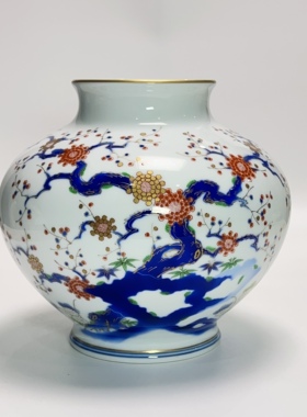 日本 回流 皇室御用 深川制 手绘描金梅花纹 大赏瓶 花瓶 摆件