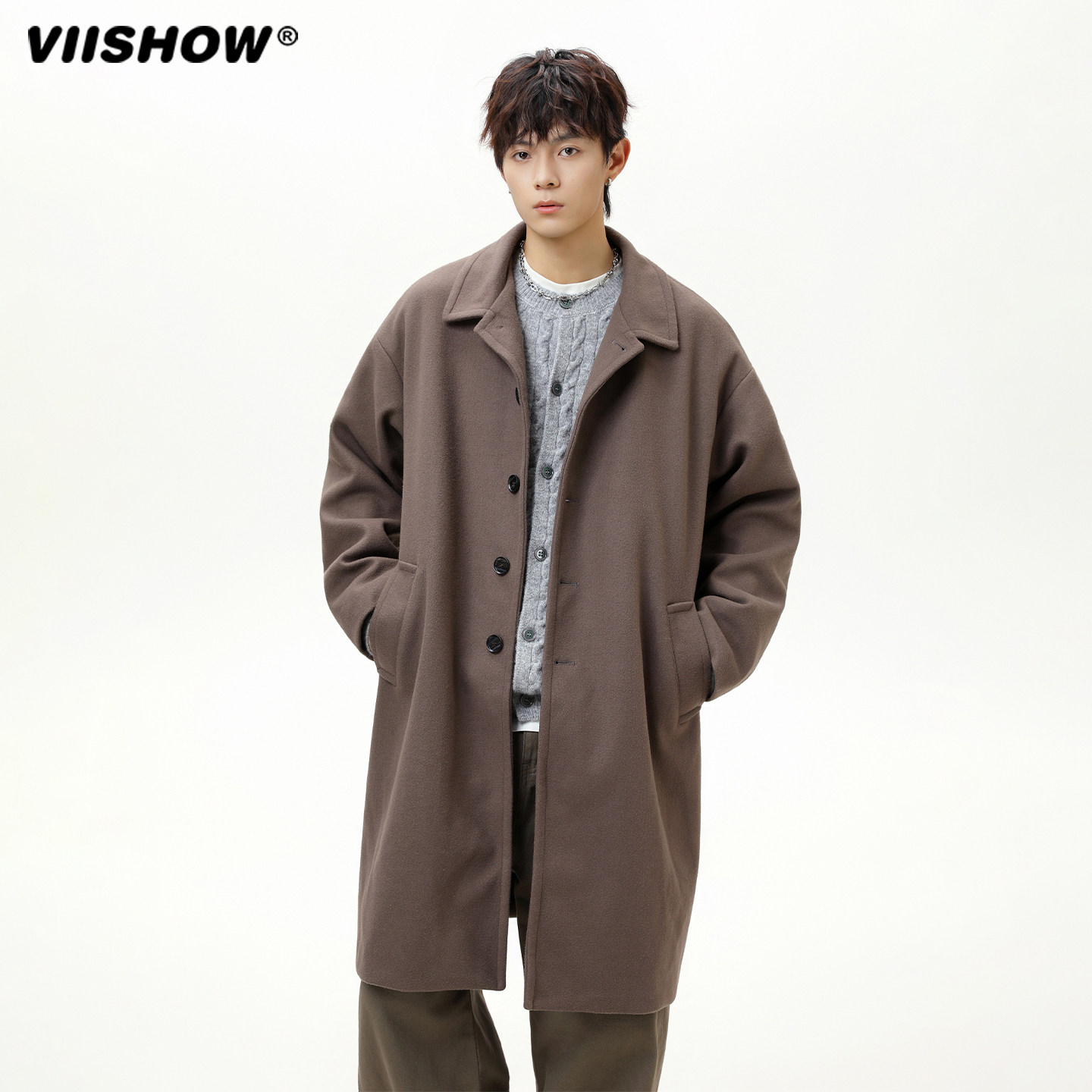 VIISHOW双面毛呢翻领大衣男秋冬中长款风衣日系宽松复古加厚外套,淘宝优惠券,粉丝福利购,淘宝优惠卷