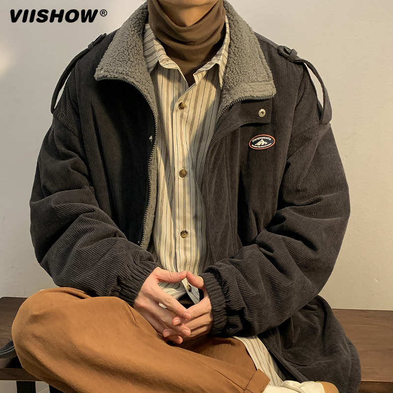 VIISHOW羊羔毛外套男冬季美式加厚棉衣假两件灯芯绒拼接工装棉服