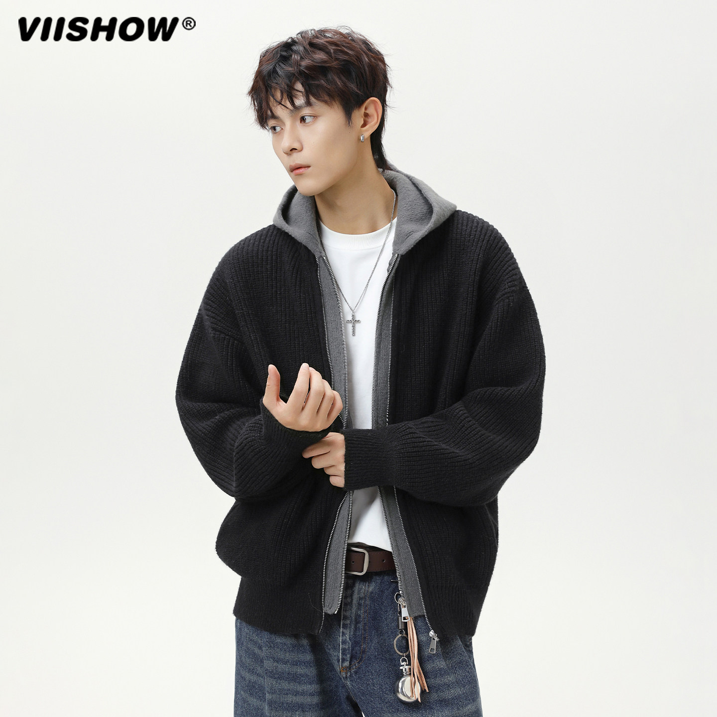 VIISHOW重磅连帽针织开衫男秋秋季美式复古慵懒拉链毛衣外套上衣,淘宝优惠券,粉丝福利购,淘宝优惠卷