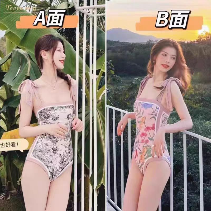 复古连体高级感泳衣小胸显瘦夏法式性感Retro-chic bathing suit - 图1