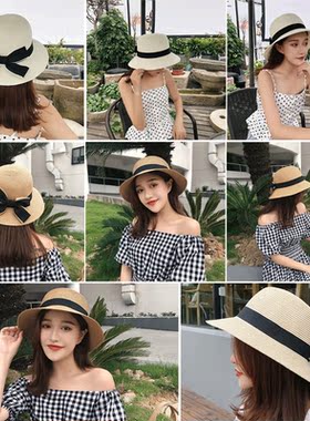 遮阳帽女士蝴蝶结可折叠太阳草帽