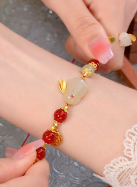 普陀山天然和田玉红玛瑙玉兔手链本命年兔饰品送妈妈生日朱砂手串