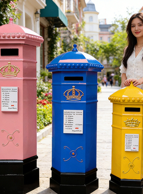 铁艺复古英伦风红色邮筒六角信箱意见箱落地装饰模型摆件摄影道具