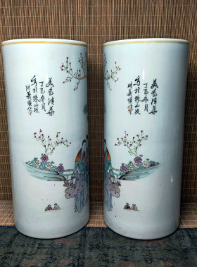 老矿料手绘浅绛彩仕女图帽筒一对