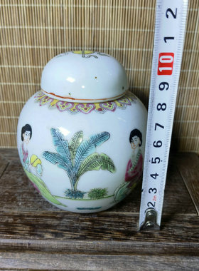 手绘粉彩摆件美女4英寸小醒茶罐