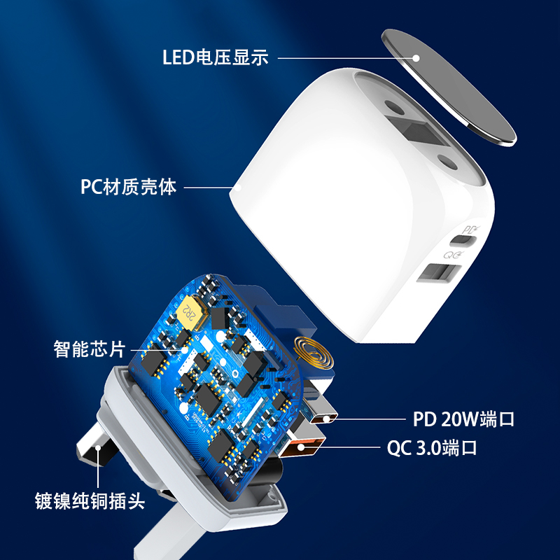 30W充电器英规多头替换插脚旅游充电器PD+QC3.0带LED显示屏原装智能USB多用快充适用于苹果15三星华为充电-图1