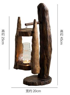泰国原木烛台风灯复古东南亚玻璃罩蜡烛台户外防风马灯创意摆件