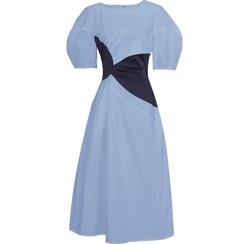 夏季女装2024新款气质短袖撞色收腰显瘦中长款蓝色连衣裙长裙 - 图3